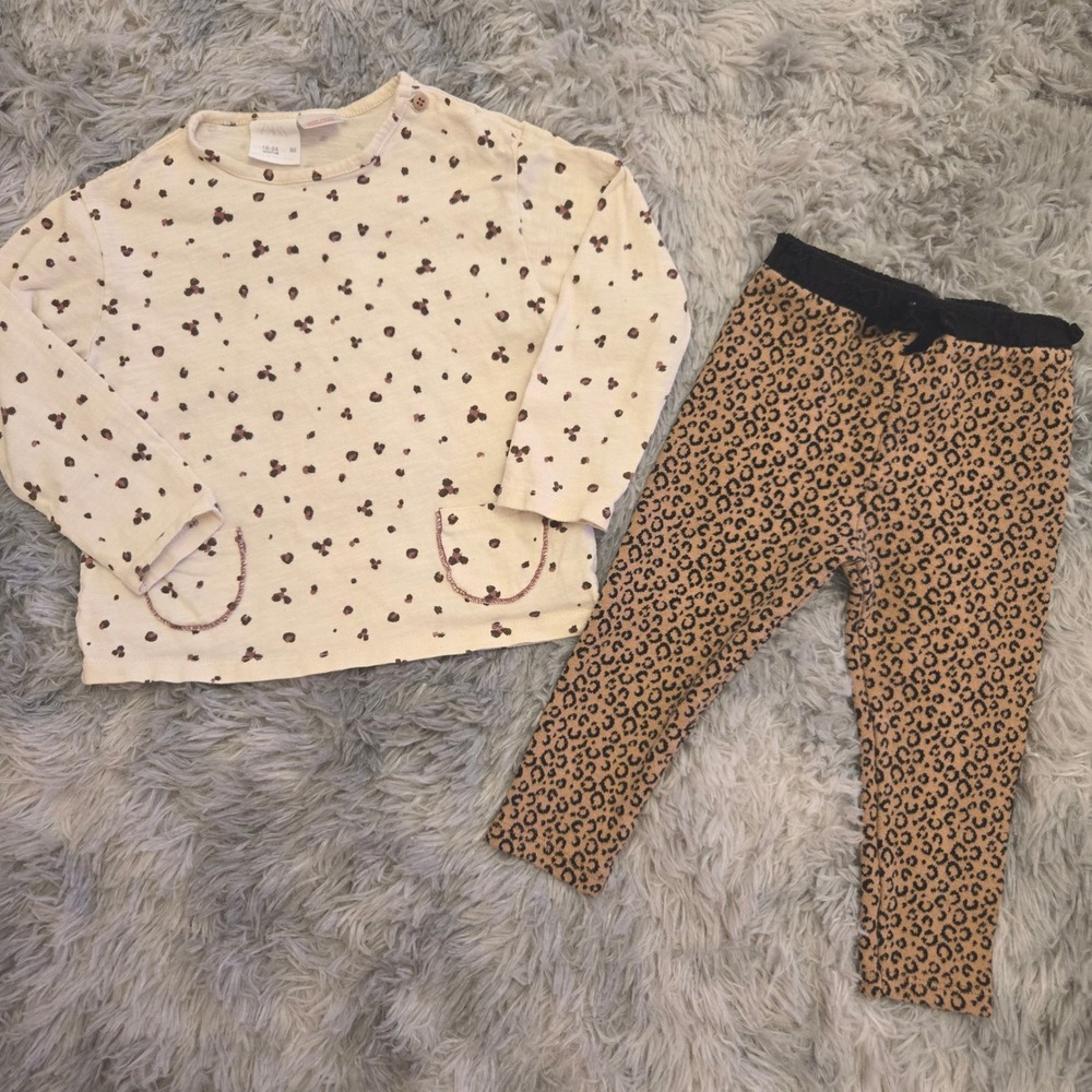 Zara Baby Girls Leopard Print‎ Top and Leggings Set 18-24 Months  100% Cotton